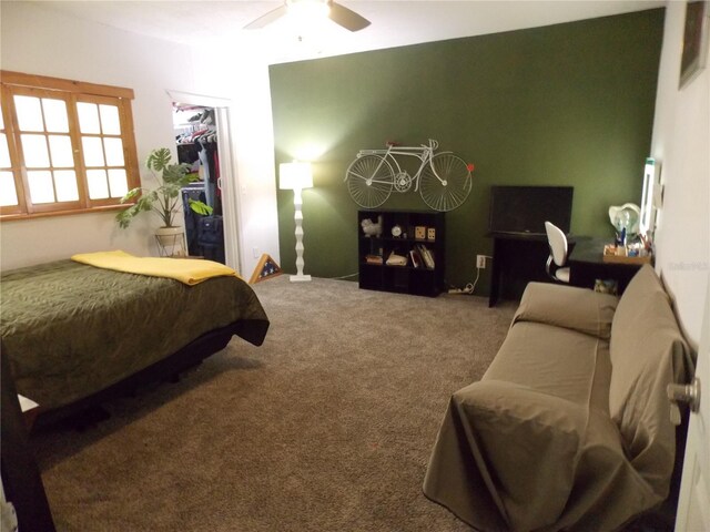 carpeted bedroom featuring a spacious closet, ceiling fan, and a closet