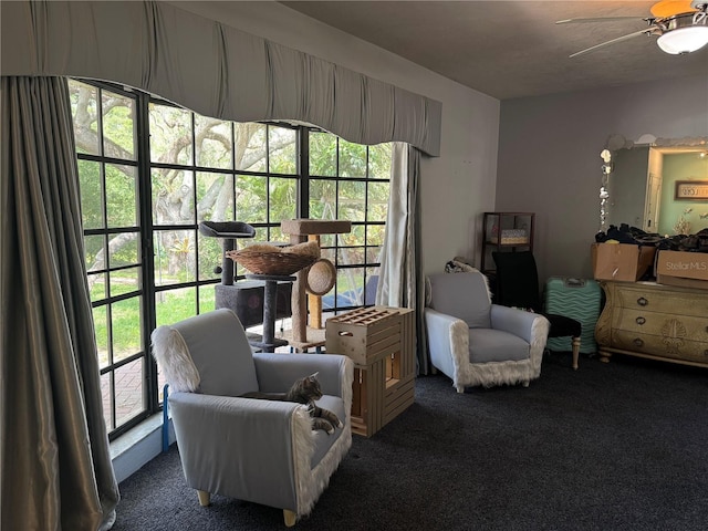 sitting room with carpet, a healthy amount of sunlight, and a ceiling fan