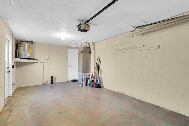 garage with water heater and a garage door opener