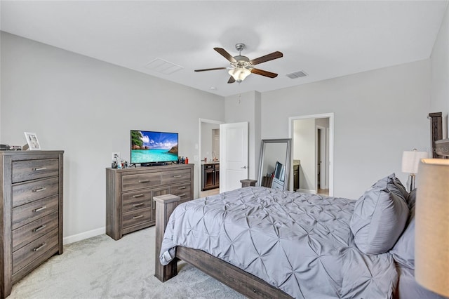 bedroom with ceiling fan and light colored carpet