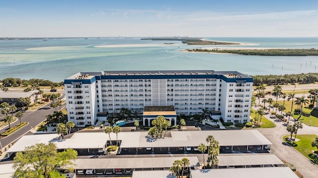 drone / aerial view with a water view