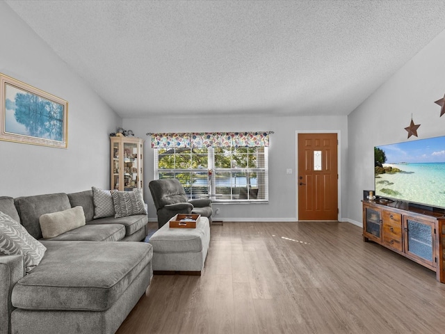 living room featuring hardwood / wood-style flooring, vaulted ceiling, and a textured ceiling