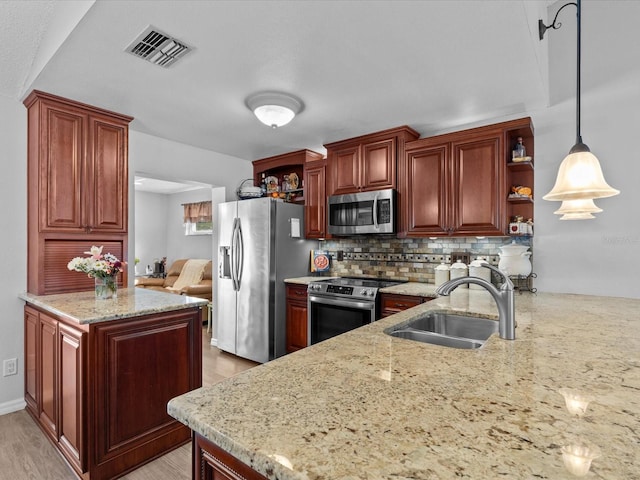 kitchen featuring appliances with stainless steel finishes, decorative light fixtures, sink, backsplash, and kitchen peninsula