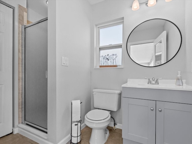 bathroom featuring tile patterned flooring, an enclosed shower, and toilet