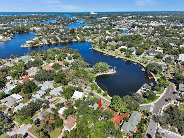 drone / aerial view with a water view