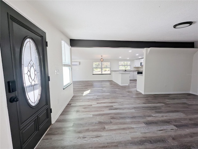 foyer with hardwood / wood-style floors and a textured ceiling