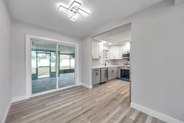 kitchen featuring tasteful backsplash, sink, white cabinets, stainless steel appliances, and light wood-type flooring