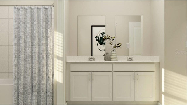 bathroom featuring vanity and shower / bathtub combination with curtain