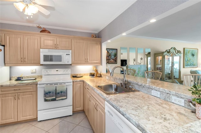 kitchen with crown molding, white appliances, sink, and light brown cabinets