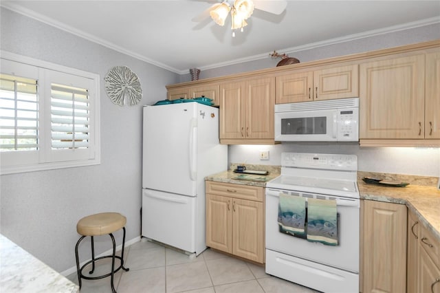 kitchen featuring crown molding, white appliances, light brown cabinetry, and light tile patterned flooring