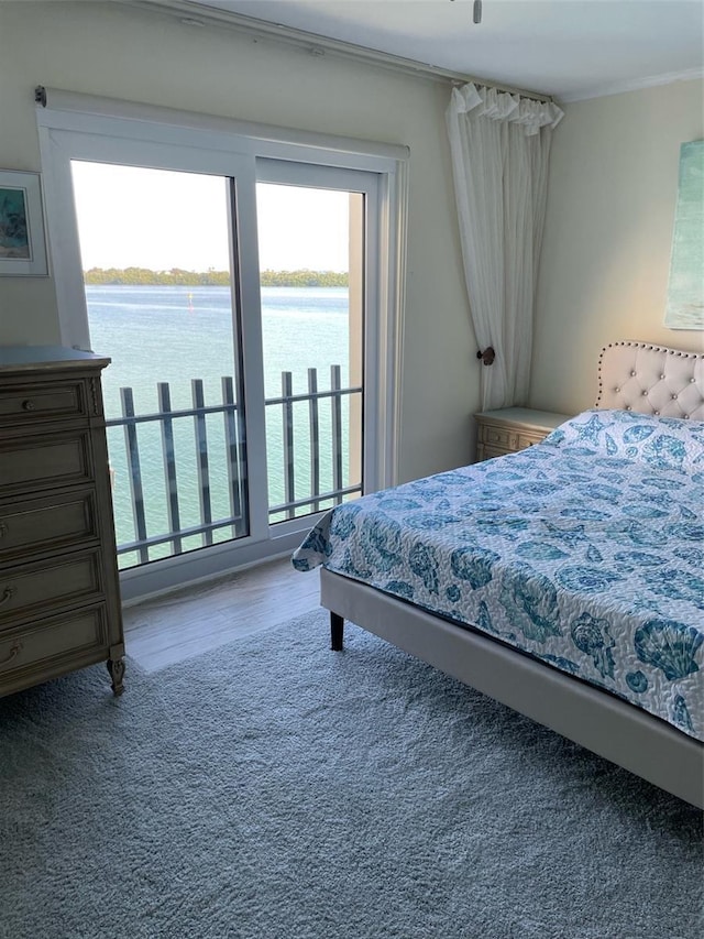 bedroom with ornamental molding, a water view, and wood-type flooring