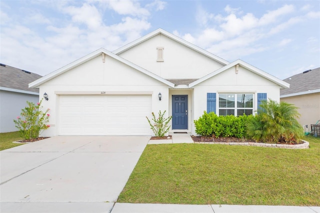 ranch-style home featuring a garage and a front lawn