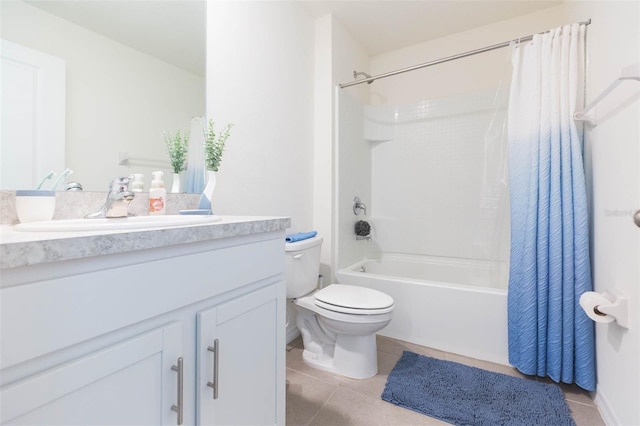 full bathroom with tile patterned flooring, vanity, shower / bathtub combination with curtain, and toilet