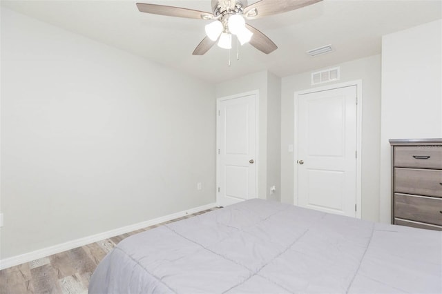 bedroom featuring ceiling fan and light hardwood / wood-style flooring