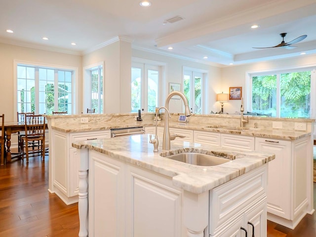 kitchen with sink, light stone countertops, and an island with sink