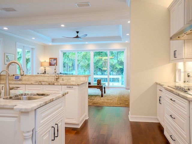 kitchen with sink, wall chimney range hood, white cabinetry, dark hardwood / wood-style flooring, and a raised ceiling