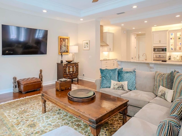 living room with a raised ceiling, ornamental molding, dark hardwood / wood-style floors, and sink