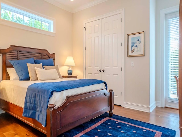 bedroom featuring crown molding, dark wood-type flooring, and a closet