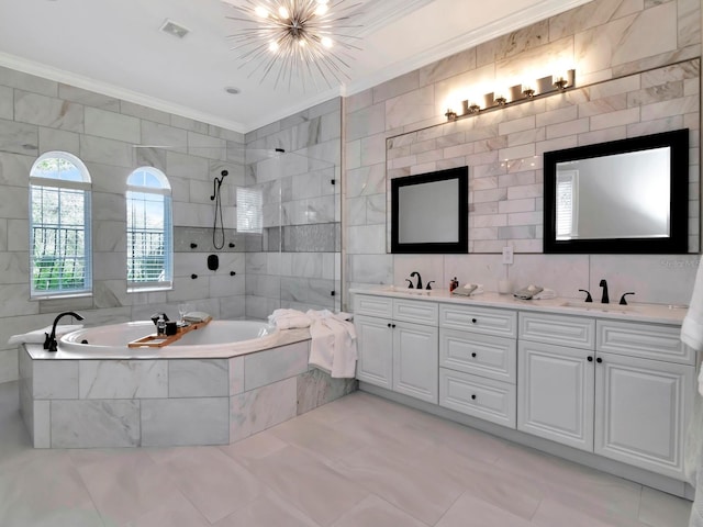 bathroom featuring tile walls, vanity, ornamental molding, and plus walk in shower