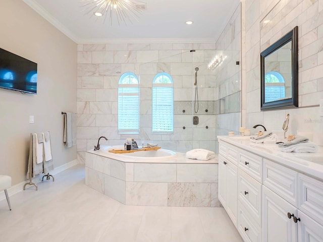 bathroom featuring plus walk in shower, tile walls, tile patterned flooring, ornamental molding, and vanity