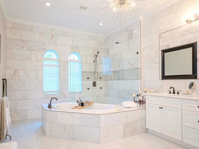 bathroom featuring tile walls, vanity, ornamental molding, and plus walk in shower