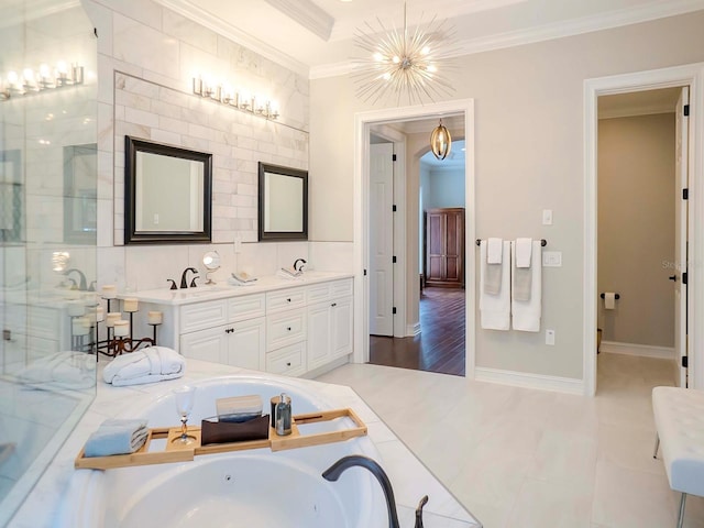 bathroom featuring crown molding, vanity, separate shower and tub, and tile walls