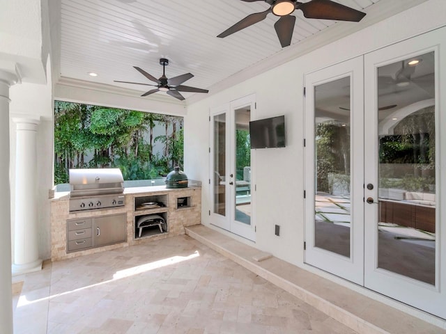 view of patio / terrace featuring area for grilling, french doors, and ceiling fan