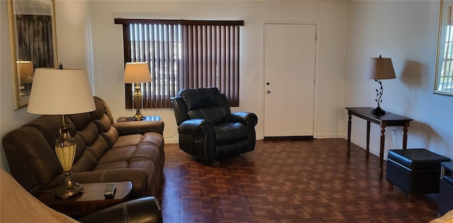 living room with dark parquet floors