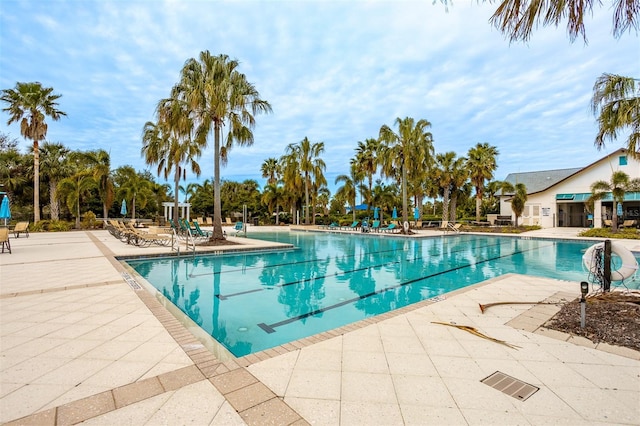 view of swimming pool featuring a patio area