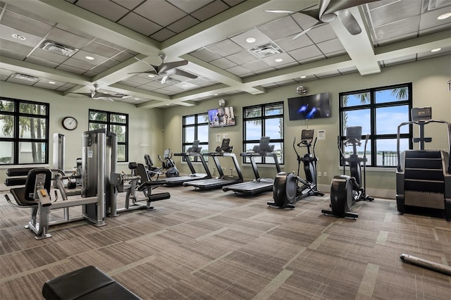 gym featuring coffered ceiling, carpet floors, and ceiling fan