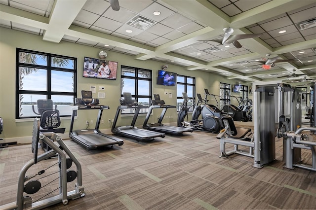 exercise room featuring coffered ceiling, carpet floors, and ceiling fan