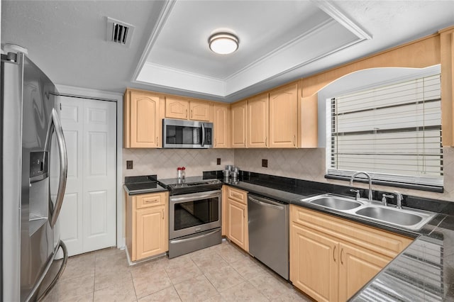 kitchen featuring sink, appliances with stainless steel finishes, decorative backsplash, a raised ceiling, and light brown cabinets