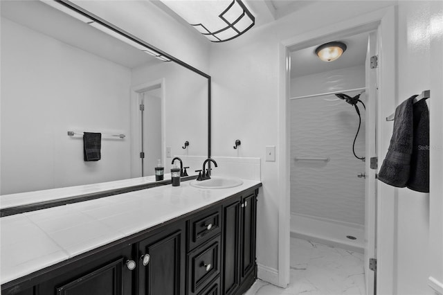 20 Sylvia Pl, Oldsmar, FL 34677 - bathroom with marble look tiles, a stall shower, and vanity