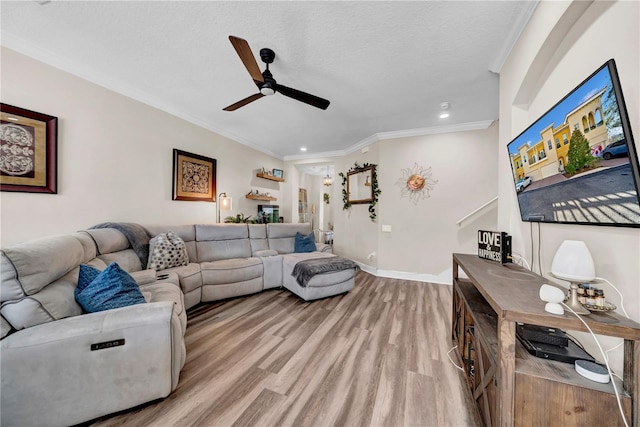 living room featuring crown molding, a textured ceiling, ceiling fan, and light wood-type flooring