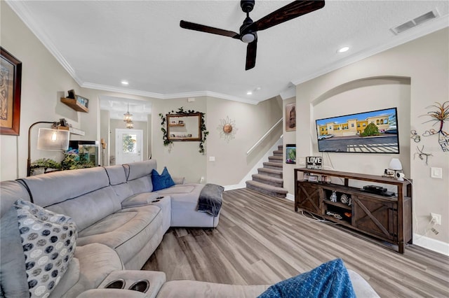 living room featuring crown molding, ceiling fan, and light wood-type flooring