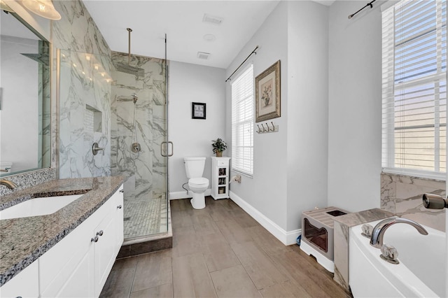 full bathroom featuring vanity, toilet, and separate shower and tub