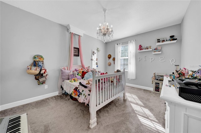 carpeted bedroom featuring a notable chandelier