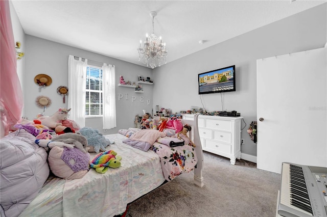 bedroom with carpet, heating unit, and an inviting chandelier