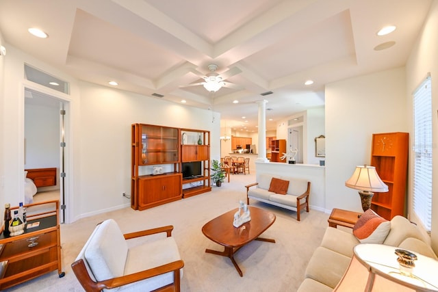 carpeted living room featuring beamed ceiling, ceiling fan, coffered ceiling, and decorative columns