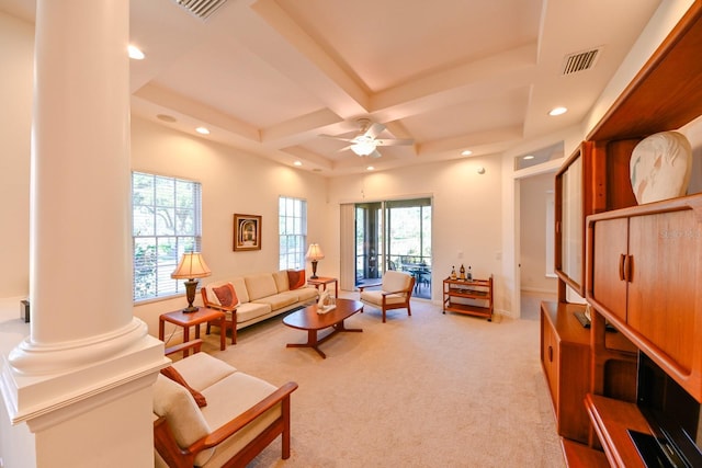 carpeted living room with ornate columns, coffered ceiling, ceiling fan, and beam ceiling