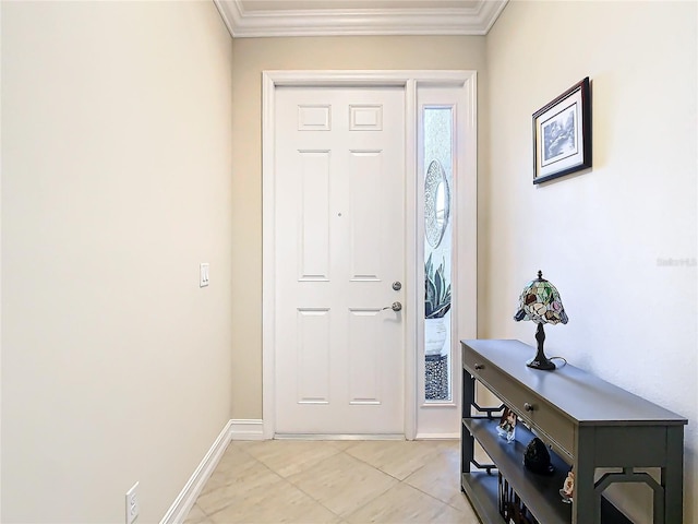 foyer entrance featuring crown molding and light tile patterned floors