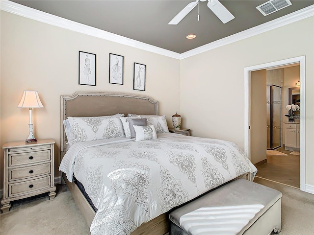 carpeted bedroom with crown molding and ceiling fan