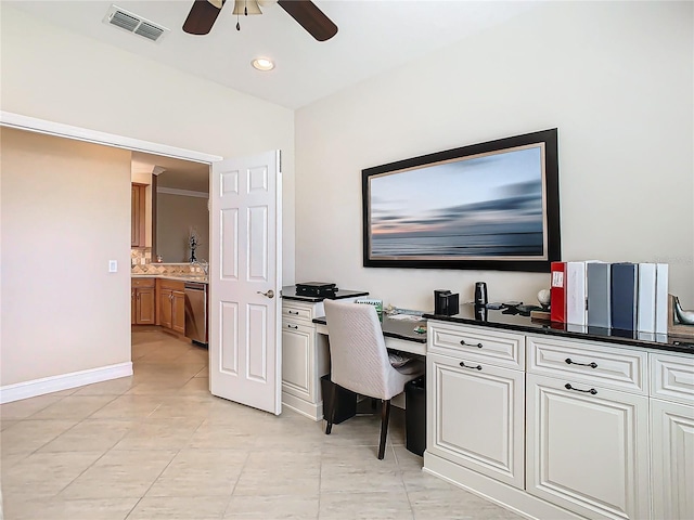 tiled office with ceiling fan