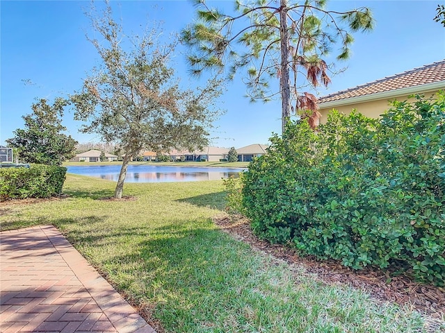 view of yard with a water view