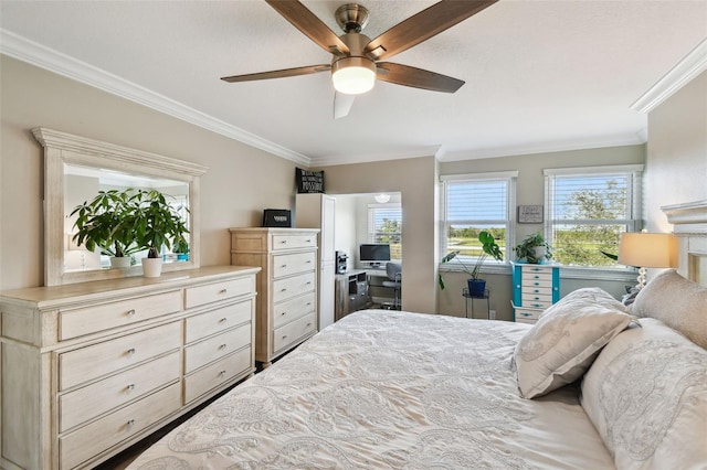 bedroom featuring crown molding and ceiling fan