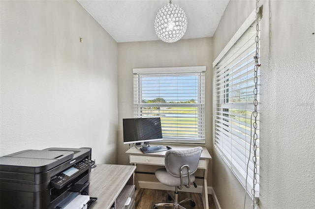 office space featuring dark wood-type flooring