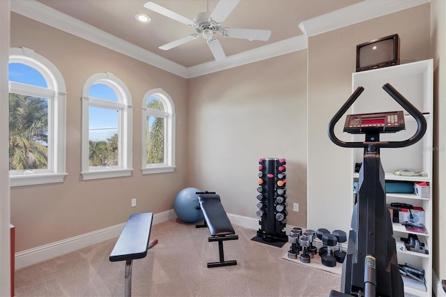 exercise room with crown molding, a wealth of natural light, light colored carpet, and ceiling fan