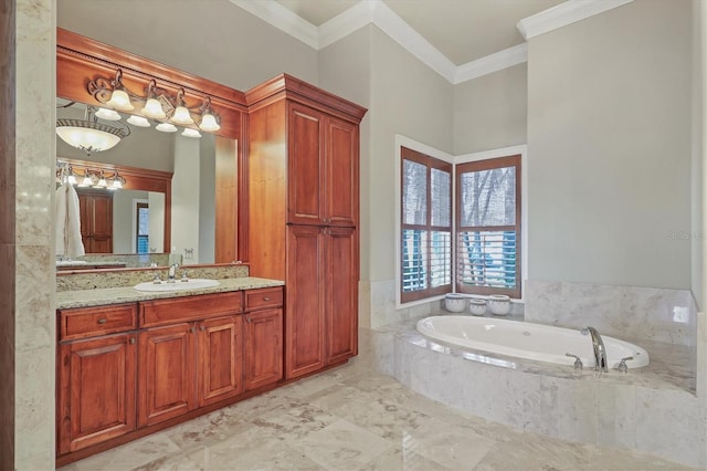 bathroom featuring ornamental molding, vanity, and tiled tub