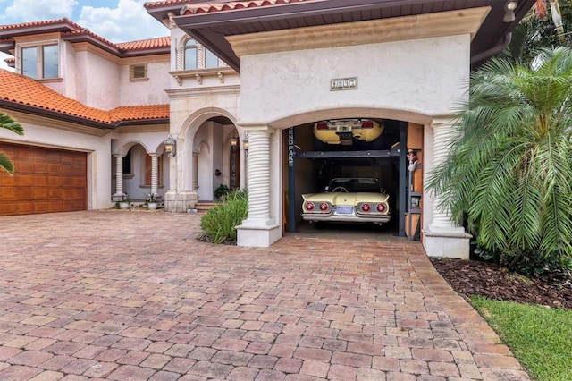 exterior space with a garage