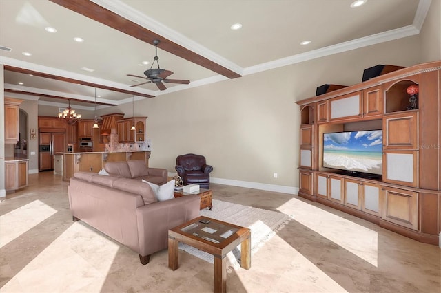 living room featuring crown molding, a tray ceiling, and ceiling fan with notable chandelier